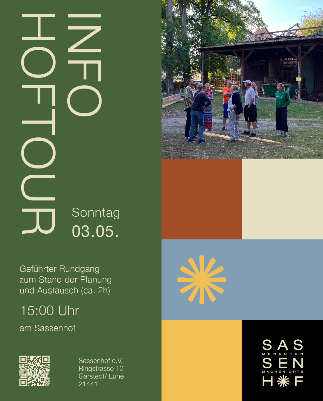 Einladungsflyer zur Hoftour am 03.05.26 von 15-17 Uhr auf dem Sassenhof e.V. in Garstedt a.d. Luhe