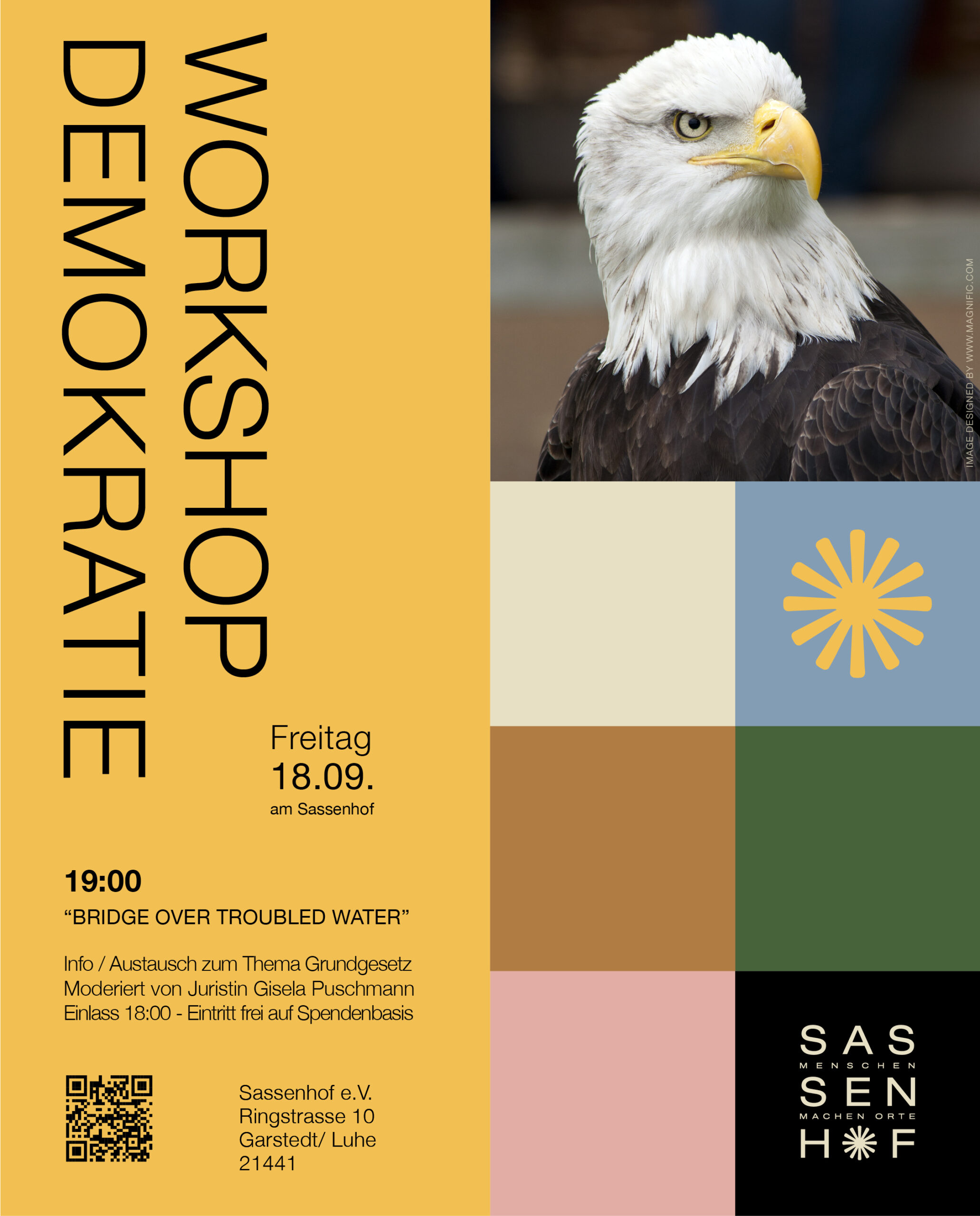 Einladung zum Workshop Demokratie am Sassenhof. Das Bild zeigt einen Adler mit ernstem Gesichtsausdruck